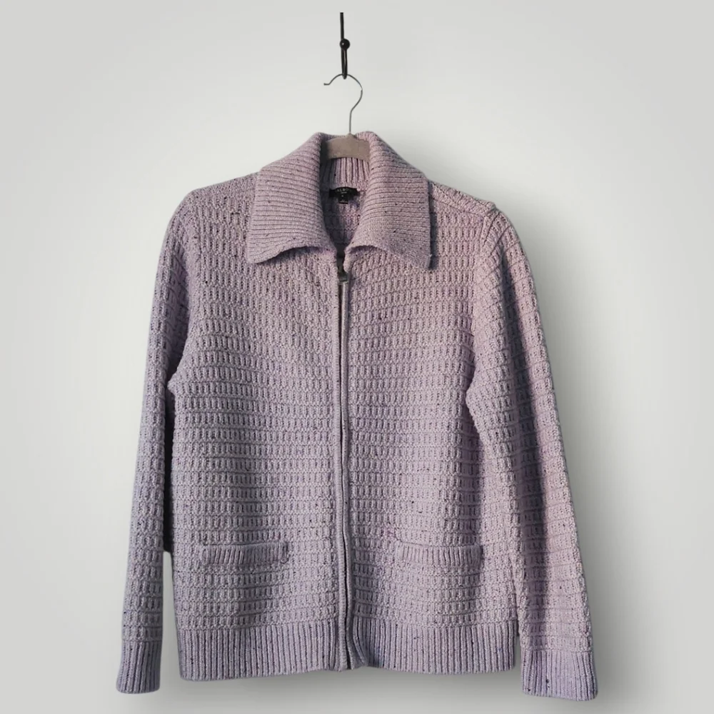 Talbots Petite LP Lavender Zip Cardigan Waffle Knit Quiet Luxury Old Money Cotta